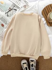 年轻女孩休闲简约花卉和字母印花圆领长袖舒适运动衫