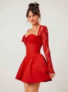 SHEIN SXY Plus Size Elegant Solid Color Lace Patchwork Red Dress For Valentine's Day