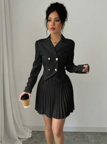 Elenzga Bộ vest vest thanh lịch một hàng khuy và chân váy xếp ly cho nữ, mùa thu - màu đen - Xem 5