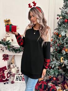 SHEIN LUNE Women Casual Drop Shoulder Patchwork Sweatshirt, Holiday Wear Pullover Fall - Multicolor - View 6