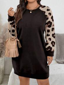 SHEIN LUNE 豹纹休闲简约大码插肩袖运动衫，秋冬款