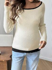 SHEIN Maternity Asymmetrical Neck Color Block Trim Elegant Long Sleeve Sweater - Apricot - View 5