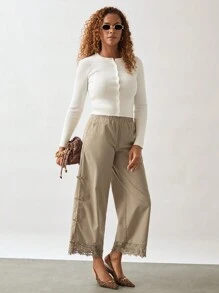SHEIN Unity 女士休闲纯色松紧腰侧袋纽扣装饰宽松阔腿裤 - 卡其色 - 查看 4
