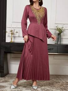 Al Najma Women Solid Color Woven Dress, Autumn/Winter, Elegant A Line Arabian Dresses, For Evening Party/Wedding Guest/Anniversary - Dusty Pink - View 8