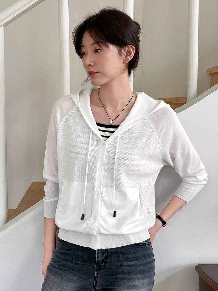 Women's Plain Minimalist Hooded Long Sleeve Cardigan For Daily Wear,Fall Women Clothes