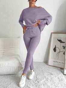 RueChic Women's Solid Boat Neck Hollow Out Top And Leggings Two Piece Set - Red Violet - View 4