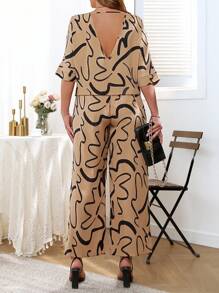 INAWLY 2pcs Plus Size Women Summer Striped Print V-Neck Batwing Blouse And High Waist Drawstring Pants Casual Set