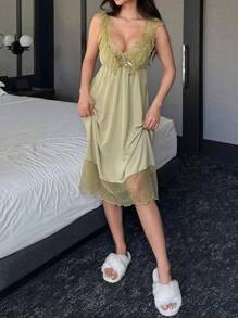 DAZY Romantic Mesh & Lace Patchwork Ruffle Trim Backless Camisole Nightgown Pajama - Green - View 8