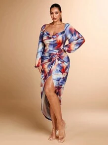 SHEIN BAE Vestido de mujer de talla grande elegante con estampado de mármol, abertura, drapeado y volantes, adecuado para uso casual, vacaciones, citas y fiestas