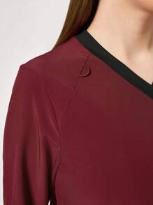 TaskEZ Women's Contrast Binding Long Sleeve Scrub Uniform Top - Red - View 6