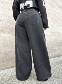 SHEIN ICON 大码时尚百搭宽松阔腿男友牛仔裤 - 黑色 - 查看 2