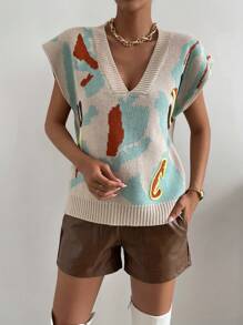 Chiquease Graphic Pattern Batwing Sleeve Sweater Vest - Multicolor - View 6