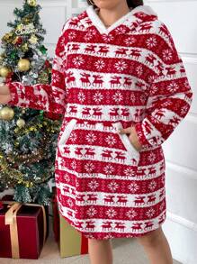 SHEIN LUNE 加大码圣诞毛绒口袋全印花连帽领长袖连衣裙，秋冬装，女士圣诞服装，女士感恩节服装，圣诞连衣裙，圣诞运动衫，冬季连衣裙，圣诞休闲派对连衣裙，圣诞家庭装，圣诞妈妈和我，加大码套头衫秋季女士连衣裙 - 彩色 - 查看 2