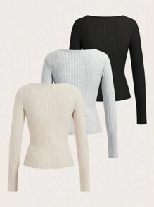 SHEIN EZwear 3 件女式纯色罗纹亨利领长袖休闲 T 恤，秋冬