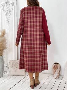 大码休闲拼布格子图案宽松连衣裙，适合秋季，日常穿着长款女装