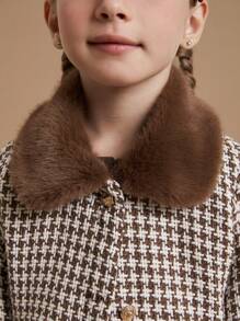 PrepCrw Young Girls' Brown Houndstooth Collared Single Breasted Woolen Coat, Elegant Princess Stylish, Autumn/Winter - Brown - View 3