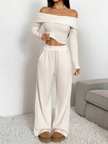 SHEIN EZwear 女士两件套露肩长袖上衣和裤子针织休闲套装，杏色，秋季