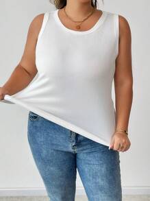 SHEIN CURVE+ Curve Plus Basic Figure-Flattering Sleeveless Round Neck White Tank Top Camisole For Autumn, For Summer