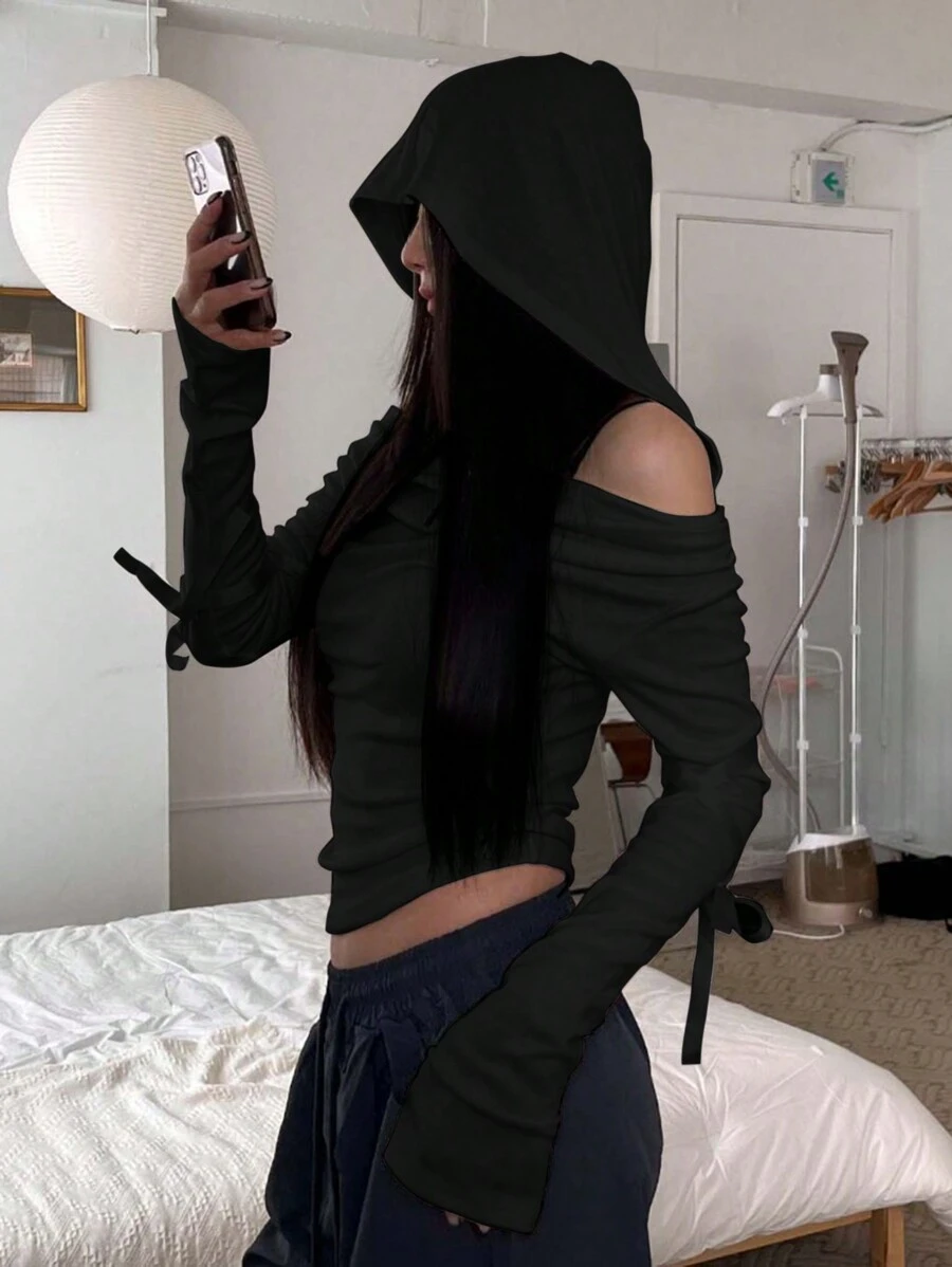 DAZY 女式纯色街头风格露肩圆领修身短款 T 恤长袖女式上衣