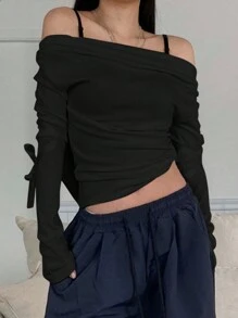 DAZY 女式纯色街头风格露肩圆领修身短款 T 恤长袖女式上衣