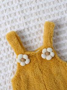 SHEIN Playful Pals 1 bộ đồ liền thân không tay họa tiết hoa hai mặt trơn màu ấm áp cho bé gái vào mùa thu/đông - Màu vàng - Xem 3