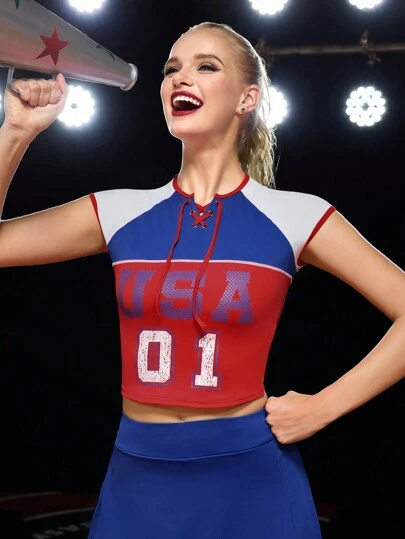SHEIN Sports Áo thun tập luyện tay ngắn cổ chữ V buộc dây phối màu và áo ba lỗ