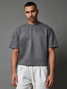 SUMWON Áo thun tay ngắn siêu cao cấp Boxy Fit Crop Suedette Essential - Xám - Xem 1