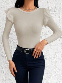 EURMUSE Camiseta con ribete de volantes tejido acanalado 95% algodón - Beis - Ver 6