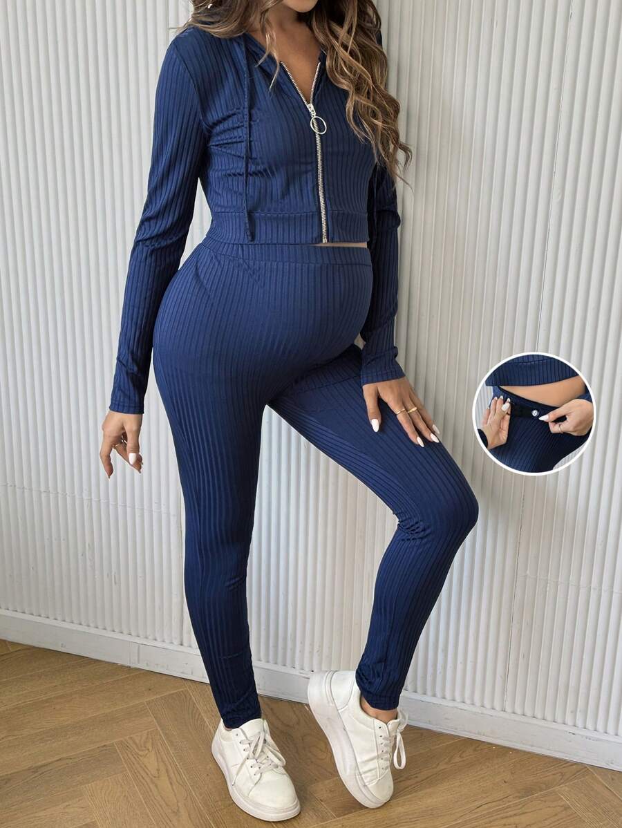 SHEIN 2pcs/Set Pregnant Women Front Zipper Long Sleeve Hooded Top And Pants Casual Set, For Maternity