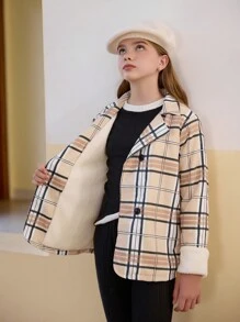 SHEIN 1 chiếc áo khoác lót nhiệt cổ ve kẻ caro ấm áp cho bé gái tuổi mới lớn, mùa thu/đông - Nhiều màu - Xem 4