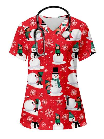 PopScrub Christmas Building Snowman Boy Print V-Neck Short Sleeve Pocket Red Uniform Shirt For Women Santa Claus With White Beard Cartoon Themed Nursing Uniform Scrub Top, Christmas