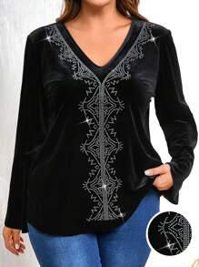 Plus Size Autumn Elegant Studded Flare Sleeve Blouse - Black - View 4