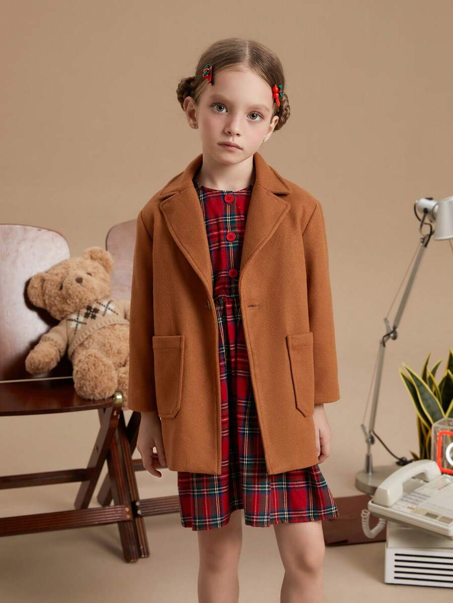 PrepCrw Young Boys Loose Fit Collegiate Style Brown Woven Jacket With Turndown Collar And Single-Breasted Design, Autumn/Winter - Khaki - View 1