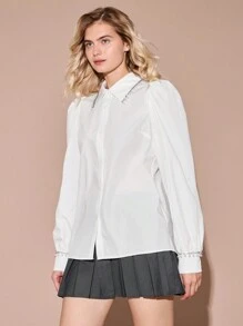 Enchnt 女士优雅水钻和珍珠装饰主教袖衬衫，适合秋季 - 白色 - 查看 7