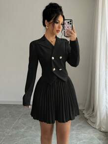 Elenzga Bộ vest vest thanh lịch một hàng khuy và chân váy xếp ly cho nữ, mùa thu - màu đen - Xem 1