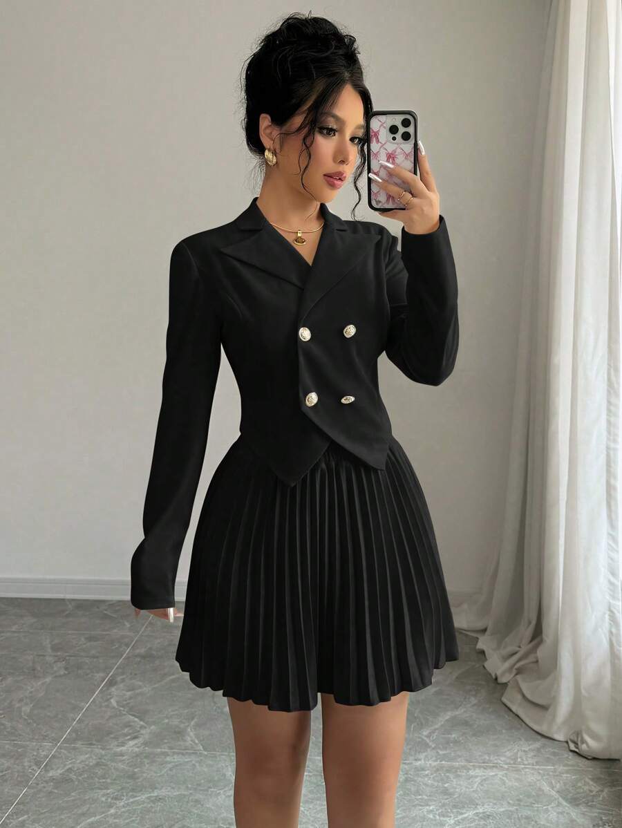 Elenzga Bộ vest vest thanh lịch một hàng khuy và chân váy xếp ly cho nữ, mùa thu - màu đen - Xem 1