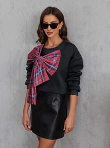 INAWLY 女士休闲格子蝴蝶结装饰圆领长袖运动衫 - 黑色 - 查看 5