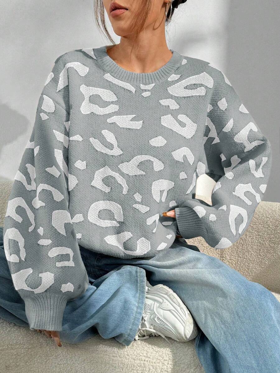 SHEIN Unity 女士休闲宽松豹纹落肩毛衣，适合秋冬季 - 彩色 - 查看 1