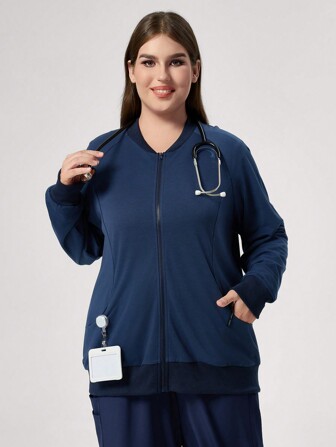 TaskEZ Plus Size Effen Kleur Voorkant Rits Lange Mouw Verpleegkundige Scrub Uniform Jas