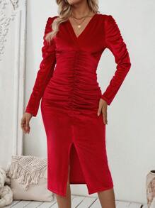 SHEIN Clasi 1 件红色 V 领褶皱开衩长袖优雅连衣裙