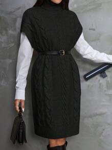 EURMUSE Women's Cable Knit Sweater Vest Dress - Black - View 3