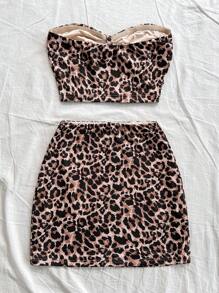 Soleia 2 件套女士豹纹扭纹针织露肩上衣和紧身迷你裙，秋冬时尚派对装 - 彩色 - 查看 2