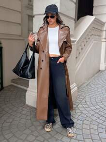 EURMUSE Brown Long Leather-Look Wind Coat With Pockets & Double Breasted Button Design, Long Sleeve - Chocolate Brown - View 5