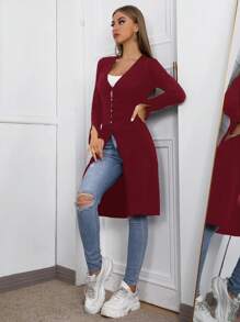 SHEIN Essnce 纯色前扣休闲针织长袖开衫 - 酒紅色 - 查看 5
