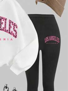 SHEIN Tween Girl 2pcs/Set Leopard & Letter Print Thick Long Sleeve Sweatshirt And Pants Casual Outfit, Clothes Suitable For Autumn & Winter