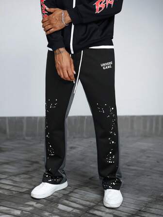 Manfinity Roghcode Herren Jogginghose mit Buchstaben-Muster, Kordelzug in der Taille, Seitentaschen, gerade, locker, Lässig, schwarz, für Ausgehen, Streetwear Farbblock, für Ehemann, Freund Geschenke, für Rave