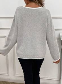 SHEIN LUNE Notched Neckline Drop Shoulder Knit Pullover Fall Winter Sweater - Grey - View 2