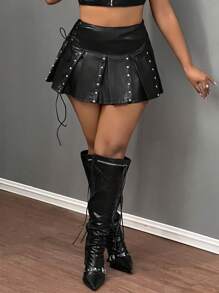 Slaydiva New Casual Street Sexy And Cute High Waist Side Eyelet Straps Decorated With Rivets Decorated Pleated Skirt White PU Women's Skirt-EE - Black - View 7