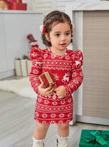 SHEIN Đầm cổ tròn tay dài họa tiết tuần lộc cho bé gái và mẹ, thích hợp cho tiệc Giáng sinh - Đỏ - Xem 2