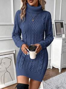 SHEIN LUNE Vestido de suéter de manga larga de punto con torsión de cuello alto de unicolor, de uso versátil